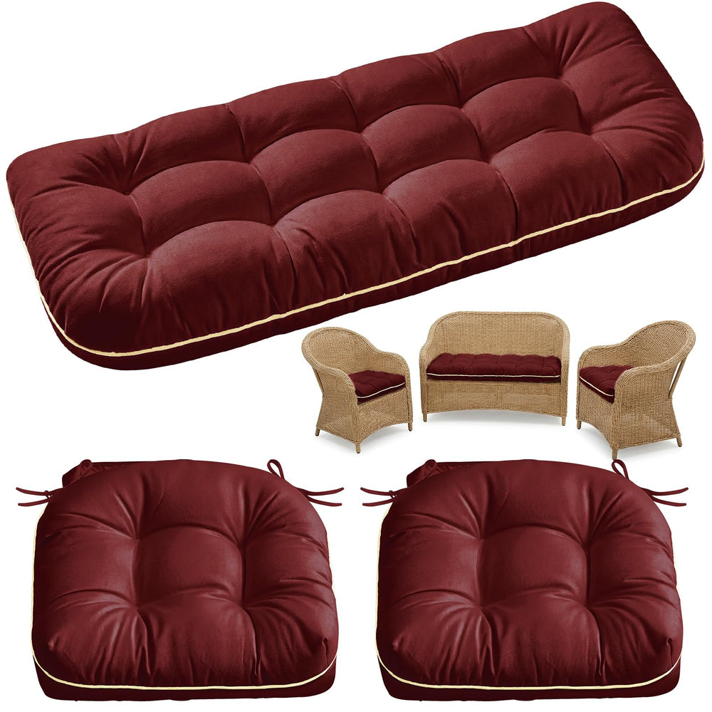 1 MIDDLE ONE front view on wicker loveseat showing burgundy color and neat fit