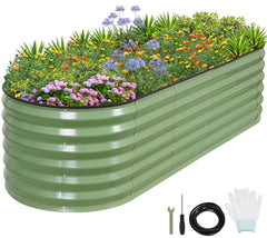 1MORE front view of 6x2x1.4ft raised bed showing sturdy olive green finish and benefit of durability