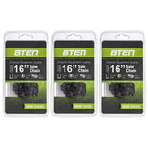 8TEN front-packaging showing three 16-inch chains, clear replacement identification and convenience
