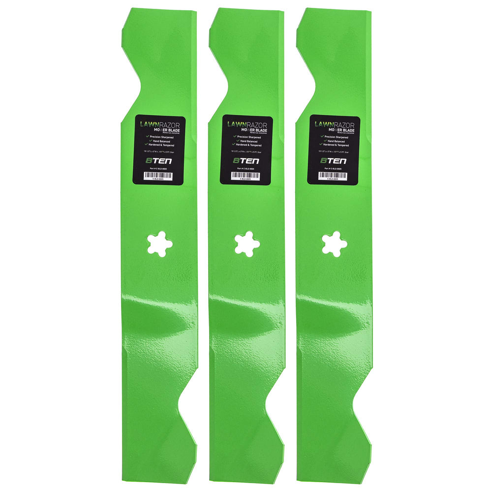 8TEN LawnRAZOR front view of 3-pack blades showing package and fitment benefits