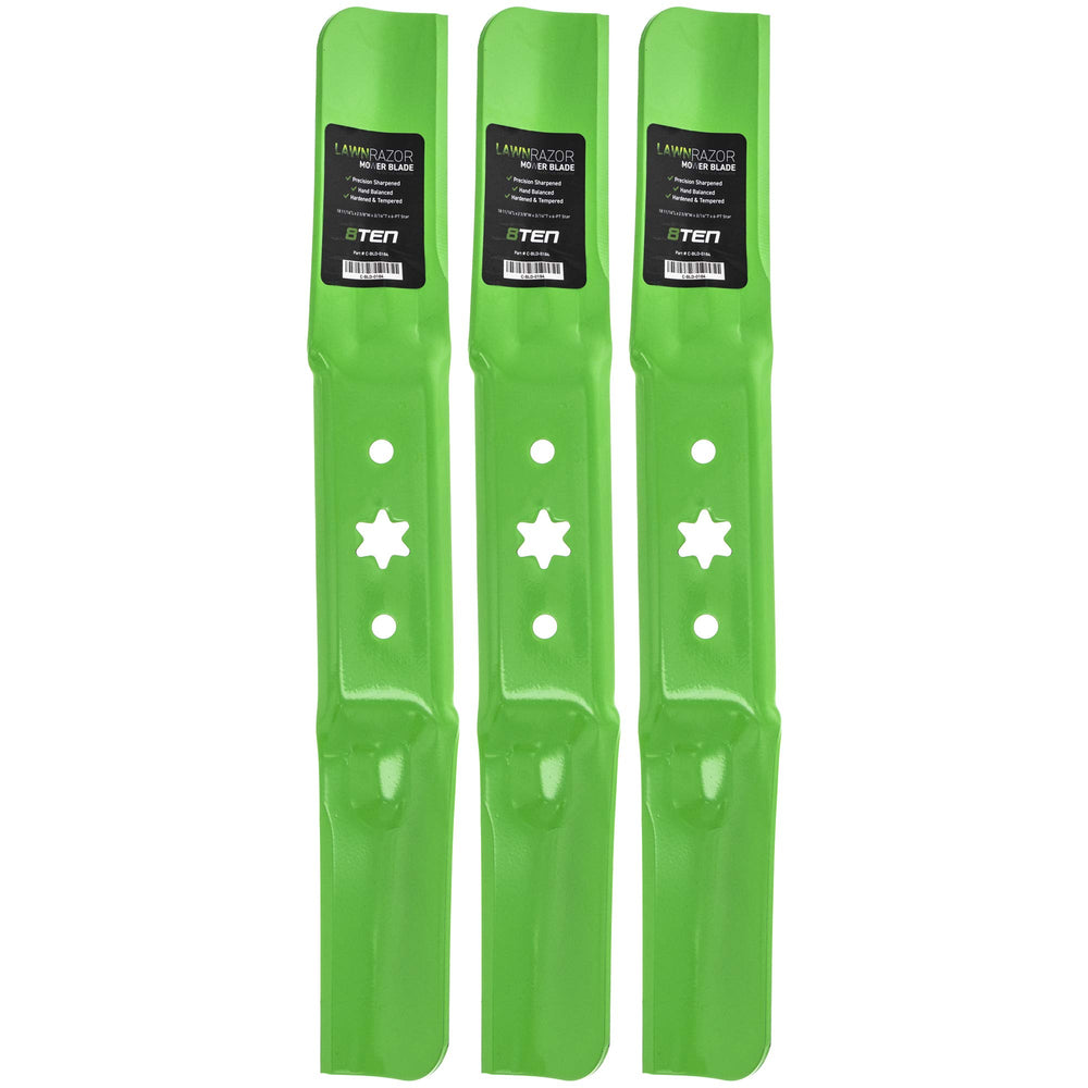 8TEN LawnRAZOR front view of 3-pack blades showing packaging and fitment benefits