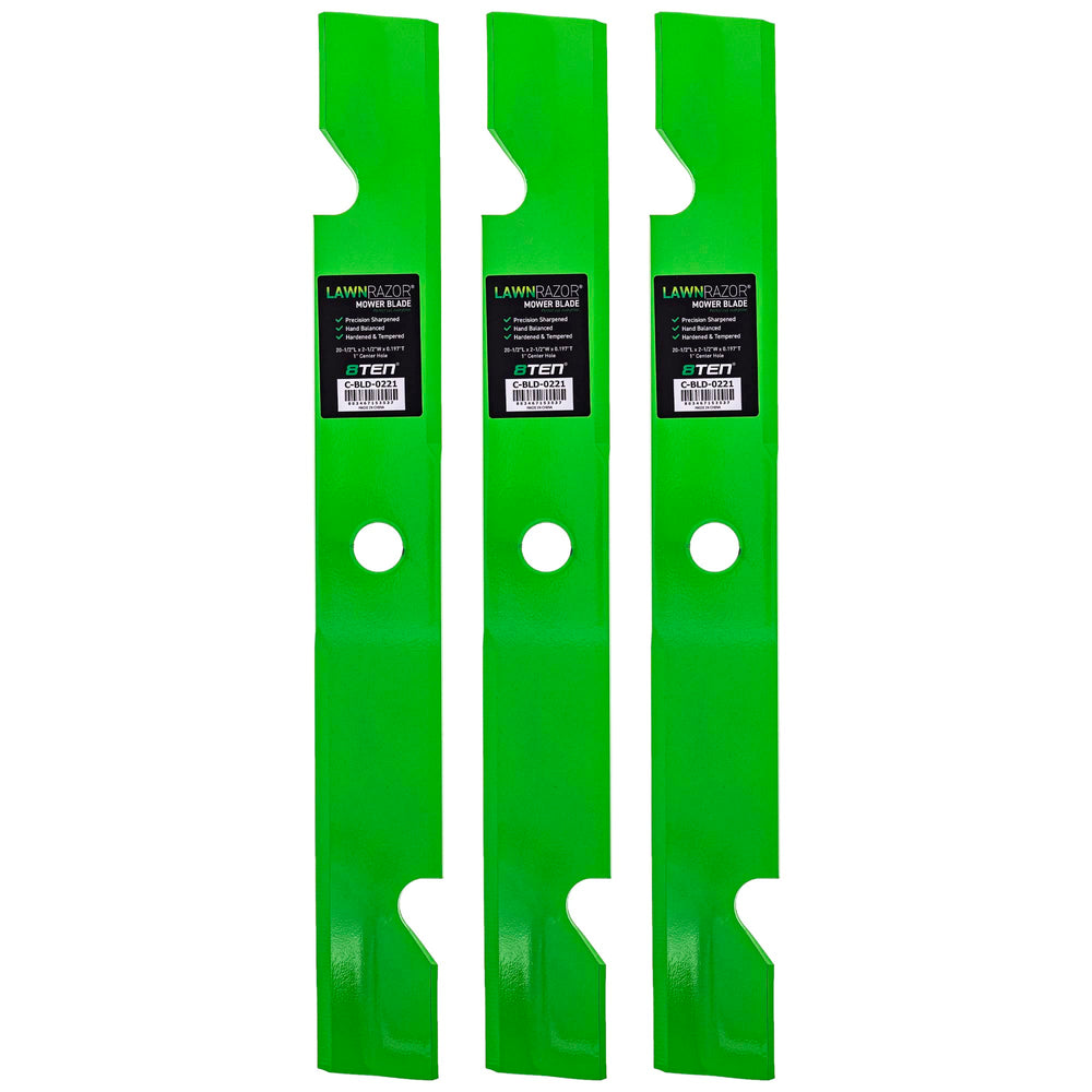 8TEN LawnRAZOR front view of three blades showing fit and finish for reliable replacements