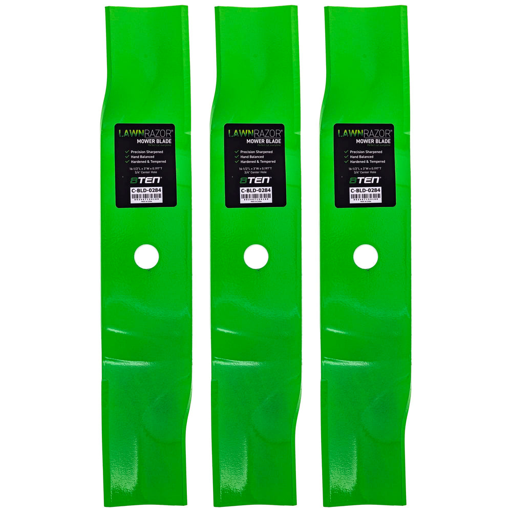 8TEN LawnRAZOR front view of three high-lift blades showing fit and finish benefit