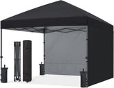 ABCCANOPY front view of black 10x10 canopy showing shaded area and quick shelter benefit