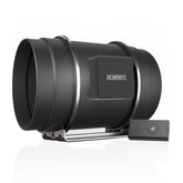 AC Infinity front view of S8 inline fan showing compact housing and low-noise benefit
