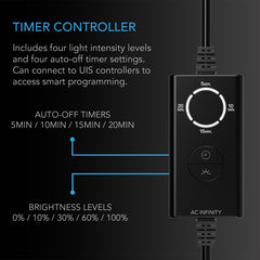 AC Infinity IONBEAM Green digital controller detail displaying timer and brightness controls