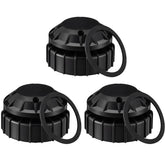 Acellegic front view of three black valve caps showing full kit and benefit of spare parts