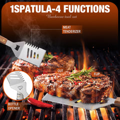 Acellegic tools in use at a backyard grill flipping steaks, efficient cooking control