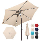 AckMizz front view beige umbrella showing full shade and ambiance