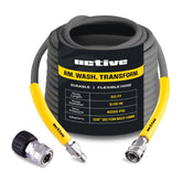 Active front view of packaged 50 ft hose showing compact benefit