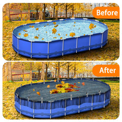 Adnee installed on oval pool top view preventing leaves entering water