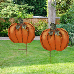 Aecipl pumpkin stake front view showing festive orange and green leaves benefit adds curb appeal