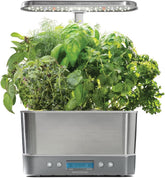AeroGarden Harvest Elite front view showing stainless steel finish and six-plant layout for modern kitchens