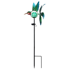 Afirst front view showing hummingbird spinner and stake, enhances garden focus