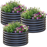 AHEONLAR front view of three round galvanized planters showing organized planting area