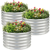 AHEONLAR front view of three round galvanized planters showing neat garden setup
