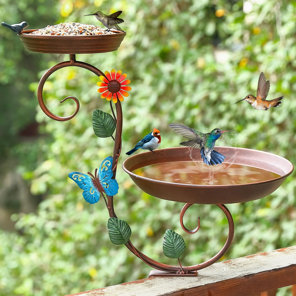 aifeorzo front view showing full metal birdbath and feeder, adds outdoor charm