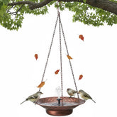 Aifeorzo front view of hanging bird bath showing elegant fountain and hanging chains, attracts birds