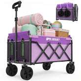Aimnny front view of open purple wagon showing capacity and portability