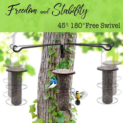 AJART hook in garden holding hummingbird feeder illustrating easy access
