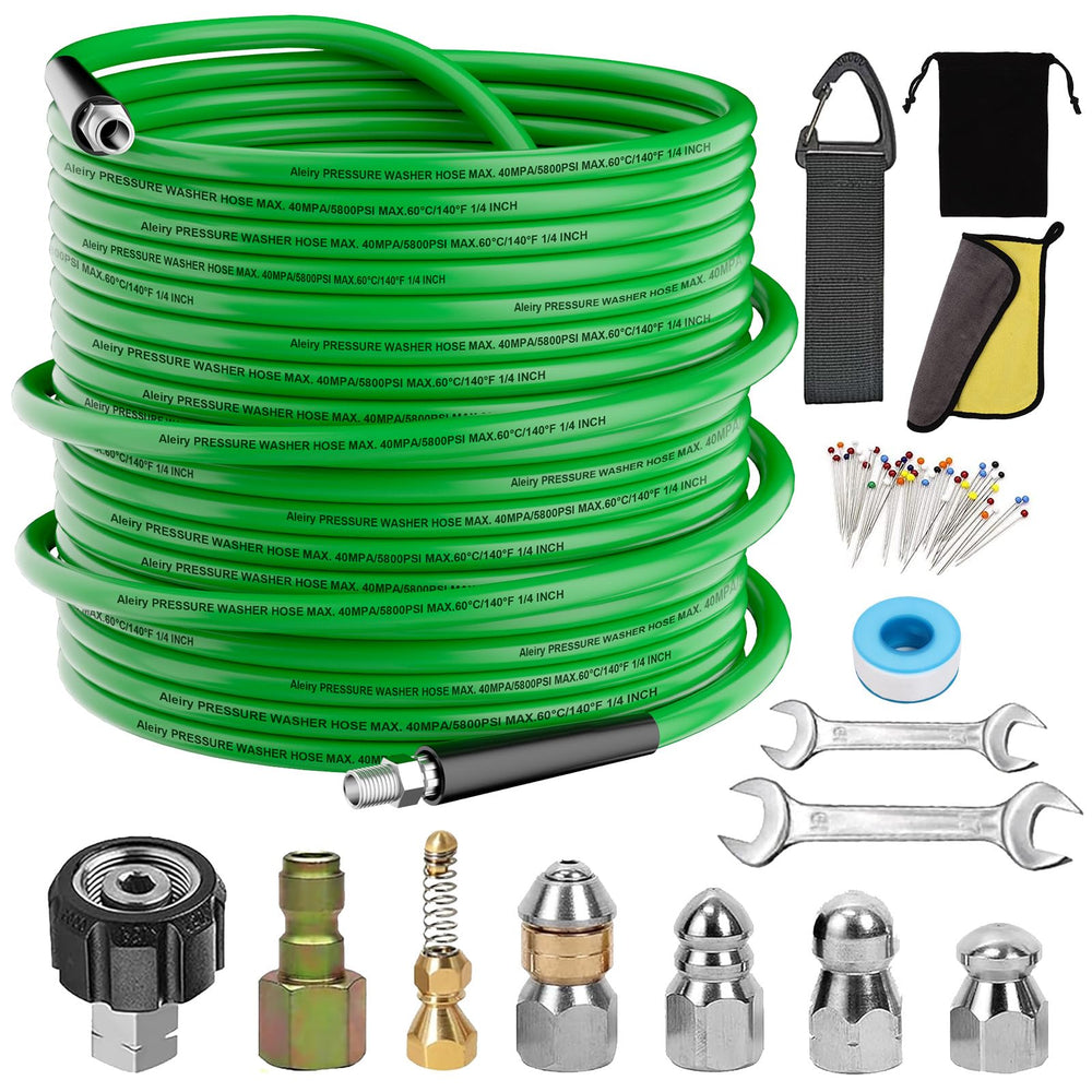 Aleiry front view of full sewer jetter kit showing components and ready-to-use benefit