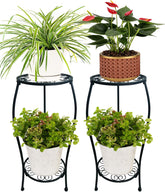 alleegold front view of two plant stands showing sleek black finish and space-saving design