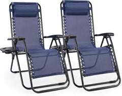 Alpen chaise lounge front view showing blue recliner and tray for relaxed outdoor seating
