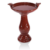 Alpine Corporation birdbath front view showing red antique finish and basin — attractive focal point
