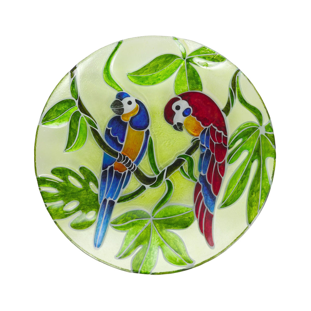 Alpine Corporation front view of painted parrot birdbath showing colorful design and shape