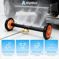 alpslux close-up of nozzles and wheels highlighting durable construction and precise spray action