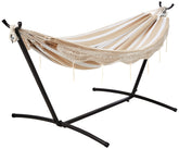 Amazon Basics front view of hammock with stand showing compact setup and easy entry benefit
