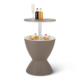 Amazon Basics front view of patio cooler table showing compact outdoor bar