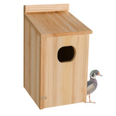 Amcortn duck house front view showing sturdy wood and protective entrance, ideal for safe nesting