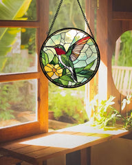 AMDERVEN hummingbird hanging in sunlit window creating colorful reflections