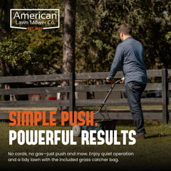 American Lawn Mower side profile highlighting low-weight frame and maneuverability benefit