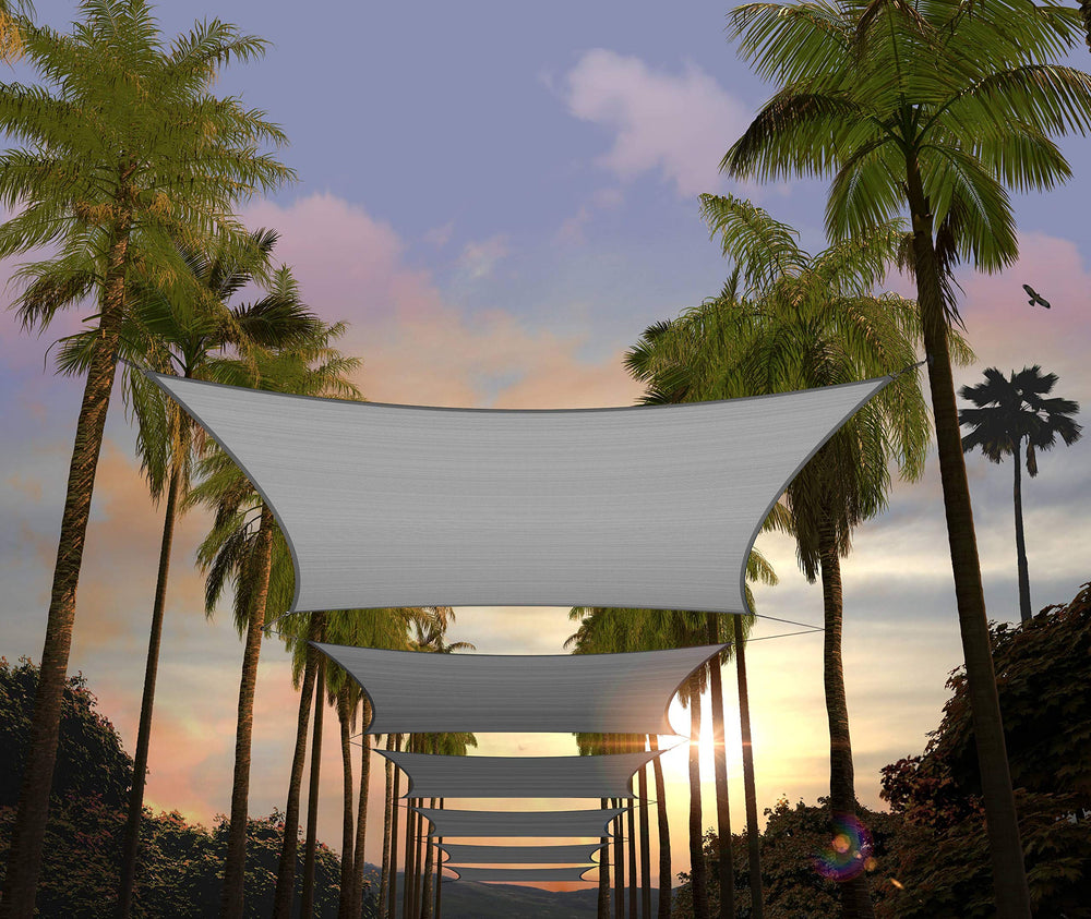 Amgo front view of grey rectangle shade sail showing sun protection benefit