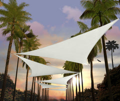 Amgo front view of 18-foot white triangle shade sail showing full canopy and coverage benefit