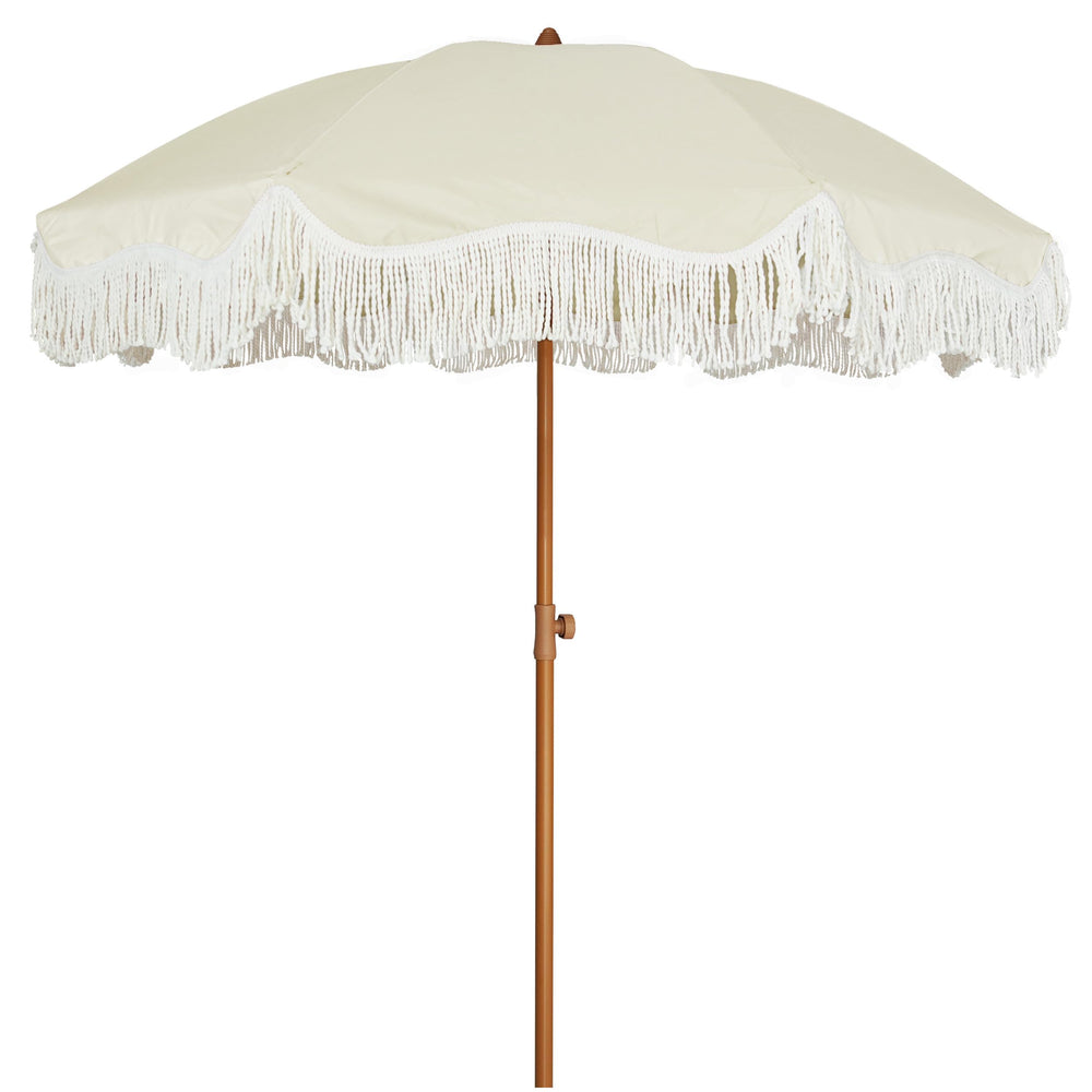 AMMSUN boho fringe umbrella front view showing full canopy and shade benefit