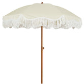 AMMSUN boho fringe umbrella front view showing full canopy and shade benefit