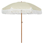 AMMSUN front view of beige fringe umbrella showing shaded seating benefit