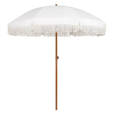 AMMSUN umbrella front view showing cream fringe and broad shade benefit