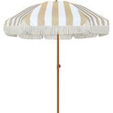 AMMSUN front view of striped beige fringe umbrella showing decorative appeal and shade
