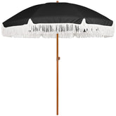 AMMSUN front view of black fringe umbrella showing elegant shade