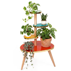 Amyhill front view of 4-tier plant stand showing colorful mid-century shelves and compact footprint