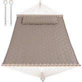 ANOW double hammock front view showing light brown quilted bed and spreader bars for comfort