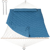ANOW hammock front view showing blue spreader-bar and quilted pad for comfortable lounging