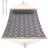 ANOW hammock front view showing gray cube fabric and comfortable two-person design