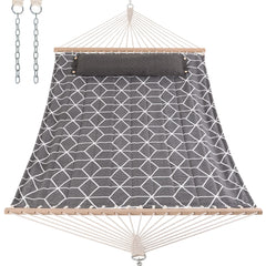 ANOW hammock front view showing gray cube fabric and comfortable two-person design