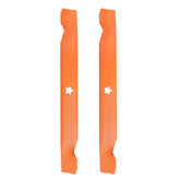 Antanker front view of two 21-inch mower blades showing fit for 42-inch decks and easy replacement
