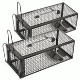 Anyhall front view of two black live-cage traps showing compact pack and humane design benefit